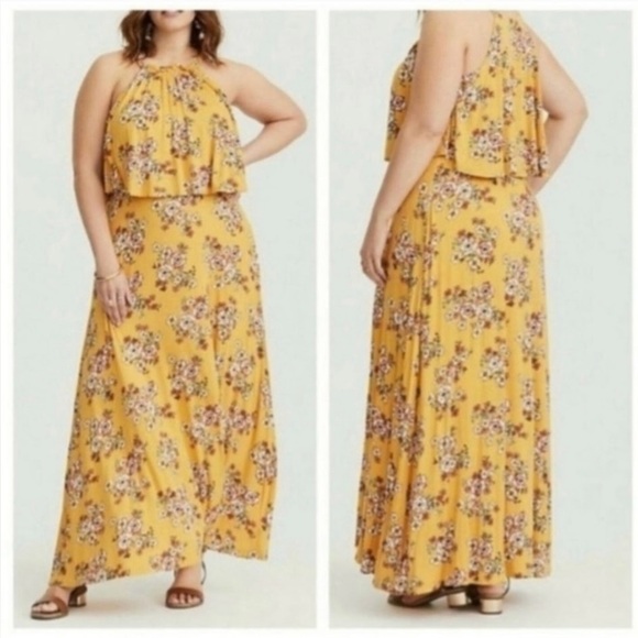 torrid Dresses & Skirts - Torrid Yellow Floral Cutaway High-Neck Jersey Maxi Dress Size 1X NWT
